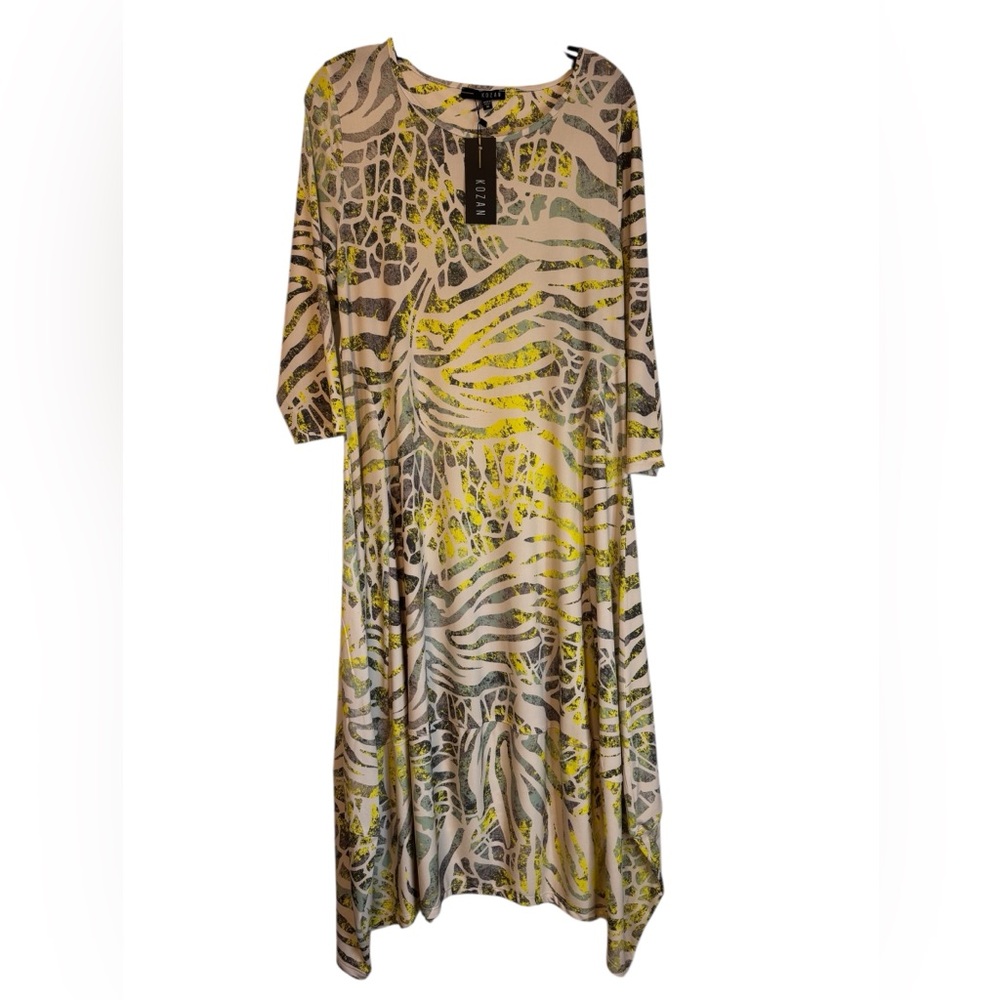 Kozan Abstract Printed Midi Dress Size Medium NWTS Yellow Gray White Dress